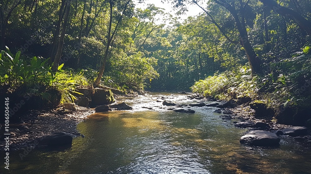 Peaceful river winding through lush greenery and trees, inviting exploration Peaceful river winding through lush greenery and trees, inviting exploration