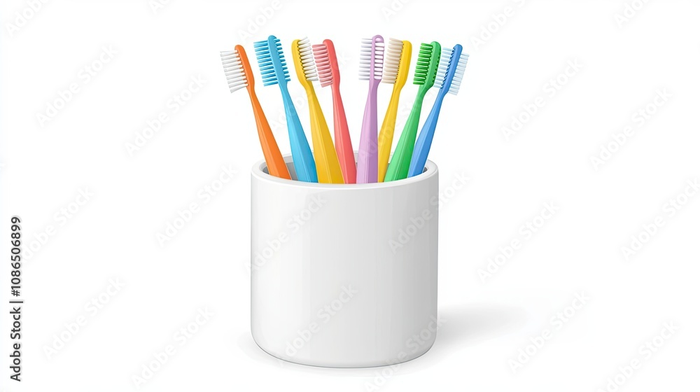 Fototapeta premium Colorful Toothbrushes in a White Ceramic Holder