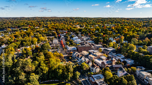 Morning fall, autumn, October 2024, aerial photo of the area surrounding the Village of Dobbs Ferry, NY, USA photo