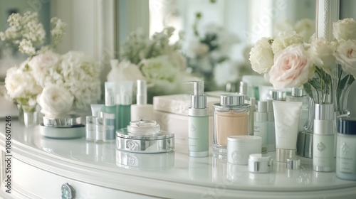 A vanity table with various skincare products and a bouquet of flowers.