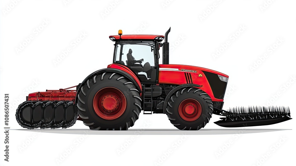 Red Tractor with Attached Agricultural Equipment Red Tractor with Attached Agricultural Equipment