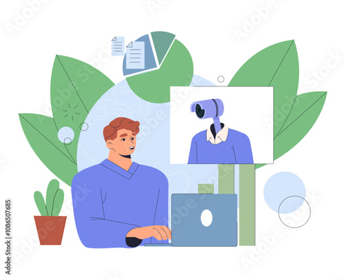 Monitored work concept. Man with laptop work under camera surveillance. Employee and manager with boss, supervisor. Work quality control. Flat vector illustration isolated on white background