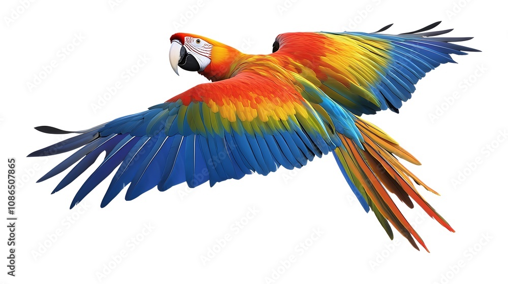 Obraz premium Tropical macaw parrot with vivid rainbow-colored feathers soaring through the sky, isolated on transparent background ,
