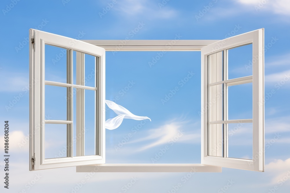 Open Window with Blue Sky and Flowing Fabric