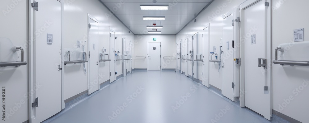 A sterile, well-lit hallway lined with multiple closed doors, suggesting a clinical or institutional environment. A sterile, well-lit hallway lined with multiple closed doors, suggesting a clinical or institutional environment.
