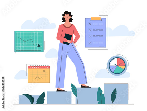 Woman with working hours. Young girl organizes effective work process. Time management and planning, scheduling. Deadline and task settings. Flat vector illustration isolated on white background