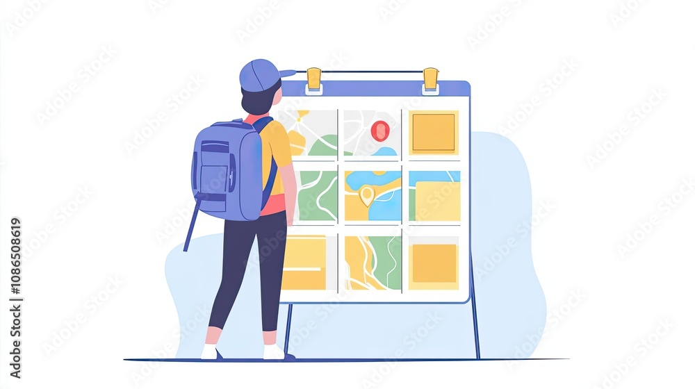 A Traveler with a Backpack Studying a Map on a Stand A Traveler with a Backpack Studying a Map on a Stand