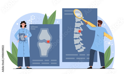 Doctors with Xray. Man and woman in medical uniform with magnifying glass evaluate back Xray. Healthcare and medicine. Diagnosis and treatment. Flat vector illustration isolated on white background