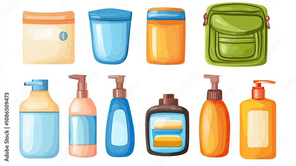 Cartoon Illustration of Various Bottles, Containers, and a Bag Cartoon Illustration of Various Bottles, Containers, and a Bag