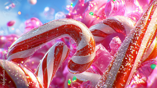 Candy cane decorations swirl amidst vibrant pink and sparkling elements, creating festive and joyful atmosphere perfect for holiday season