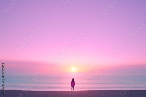 Woman Silhouetted Against Pink Sunset Over Ocean