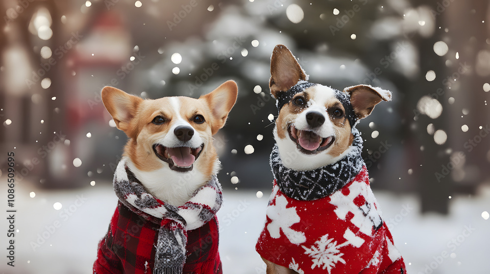 Snowy winter, two dogs walking in winter clothes isolated on a transparent PNG background, white background , cut out, clipping path, Generative Ai Snowy winter, two dogs walking in winter clothes isolated on a transparent PNG background, white background , cut out, clipping path, Generative Ai