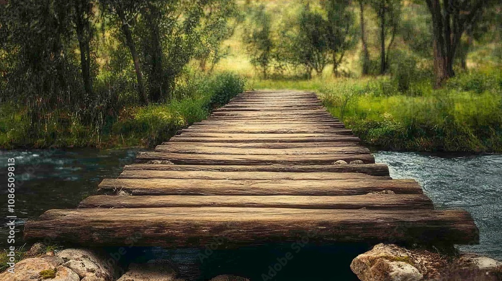 Fototapeta premium Rustic wooden bridge crossing serene river surrounded by greenery