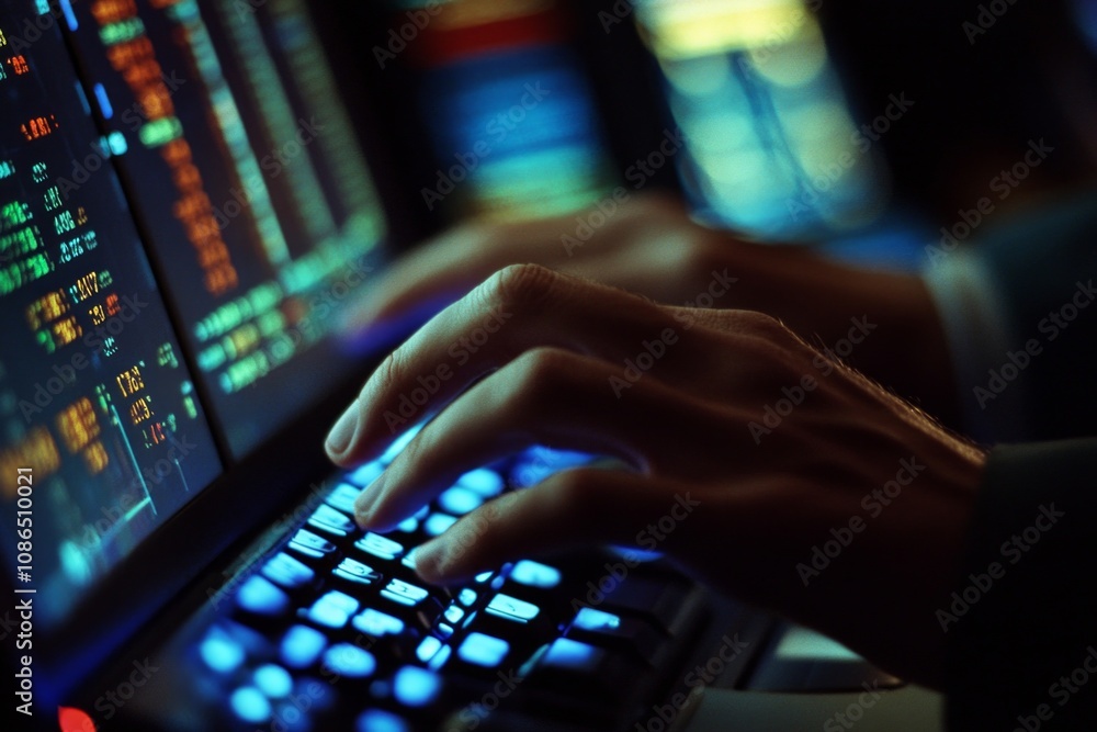 Fingers typing on a keyboard with glowing lights in the background. A digital landscape of data is visible. This image represents technology and innovation. Generative AI. Fingers typing on a keyboard with glowing lights in the background. A digital landscape of data is visible. This image represents technology and innovation. Generative AI.