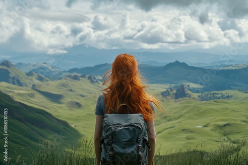 A woman with red hair stands on a mountaintop, looking out at a valley with a backpack on her back.