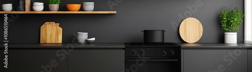 A modern kitchen setup featuring sleek black cabinetry, wooden shelves, and minimalist decor. Ideal for culinary inspiration and home design.