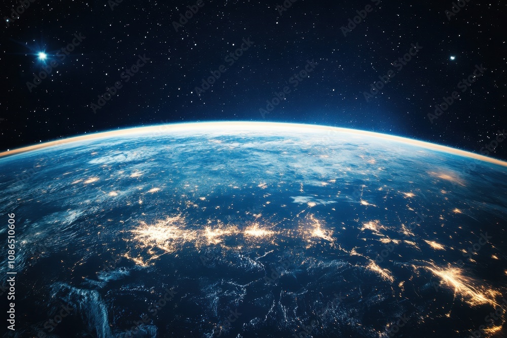 Obraz premium Earth at night from space, showing city lights and stars.