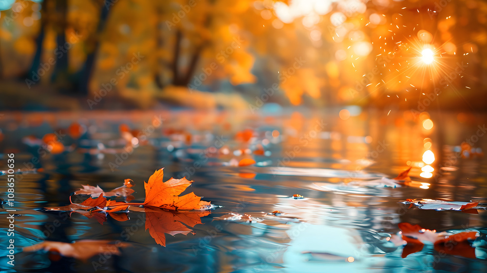Fall season landscape, fallen leaves floating on water and autumnal sun through tree foliage - Autumn seasonal background Fall season landscape, fallen leaves floating on water and autumnal sun through tree foliage - Autumn seasonal background