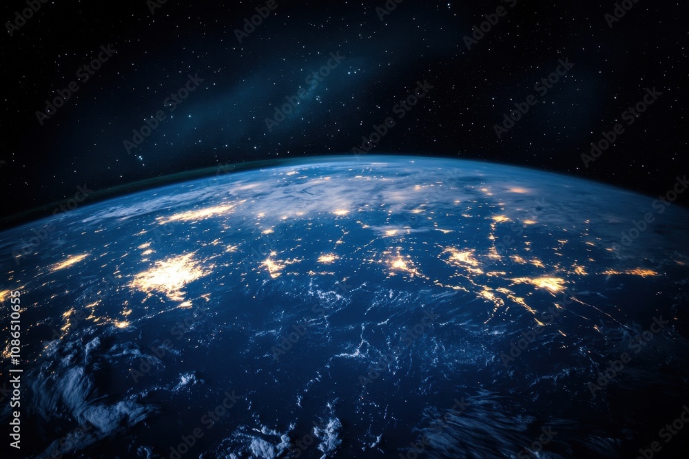Fototapeta premium Earth at night from space, showing city lights.