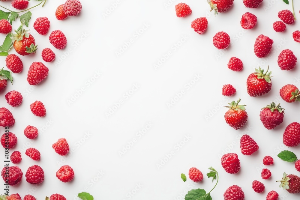 Red raspberries and strawberries forming a frame on white background. Red raspberries and strawberries forming a frame on white background.