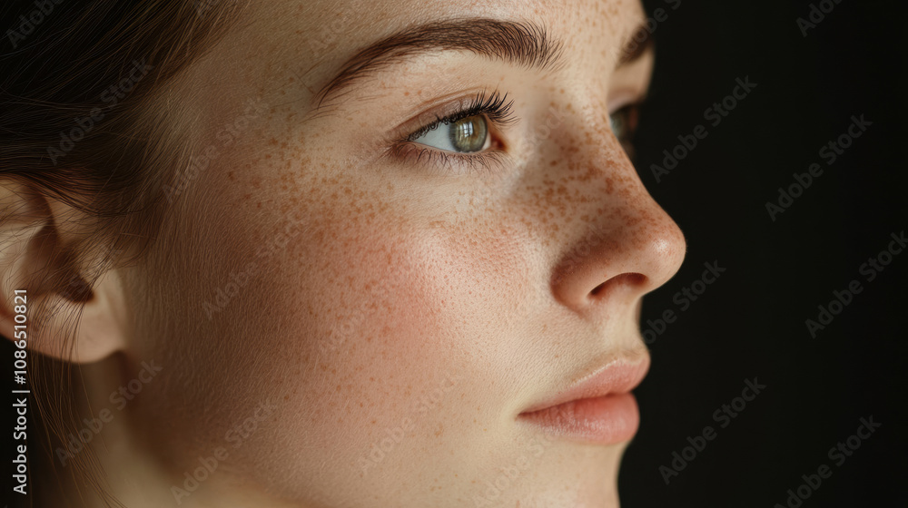 Close up of woman side profile, highlighting her freckles and natural beauty Close up of woman side profile, highlighting her freckles and natural beauty