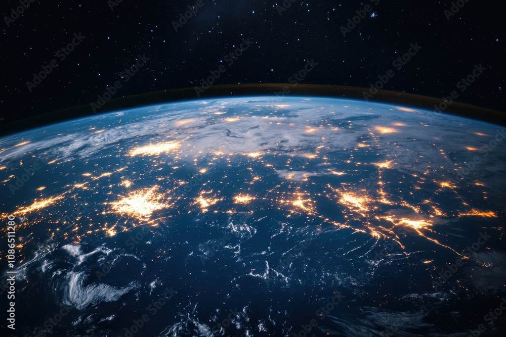 Obraz premium Earth at night with city lights visible from space.