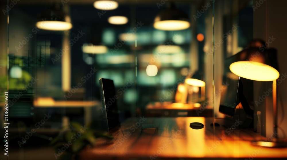 At night, a beautiful abstract blurred view of an office interior, showcasing a defocused working space with ambient lighting and a modern aesthetic.
At night, a beautiful abstract blurred view of an office interior, showcasing a defocused working space with ambient lighting and a modern aesthetic.