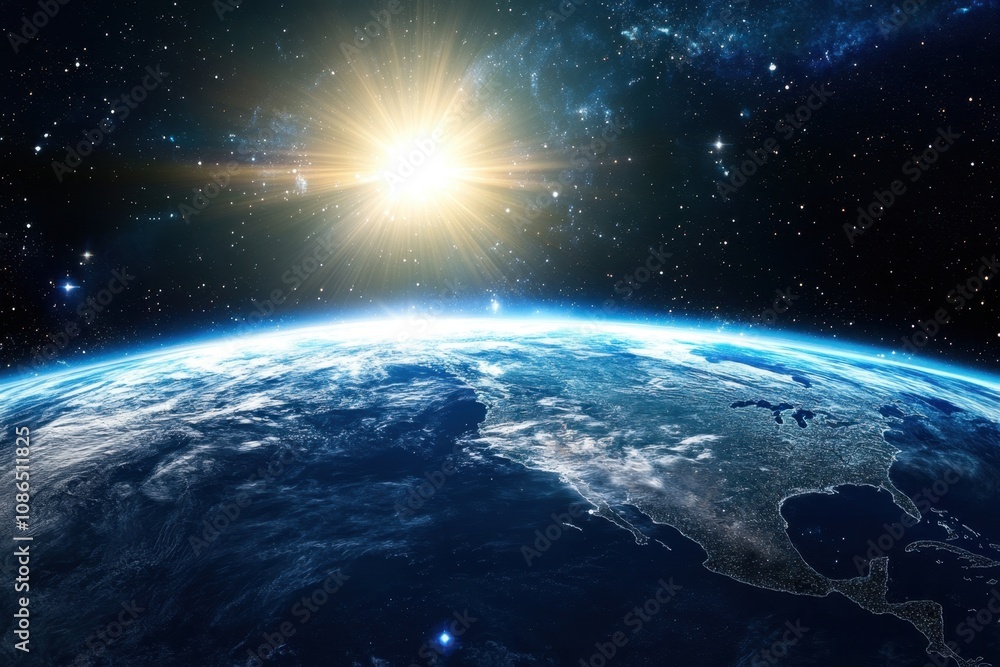 Earth from space with a glowing sun. Earth from space with a glowing sun.