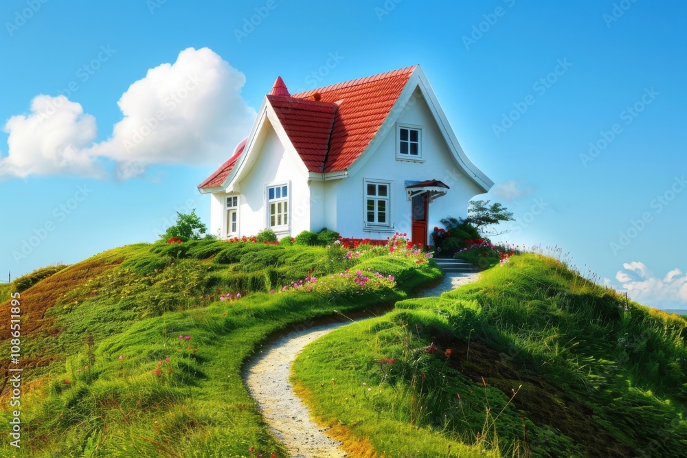 A picturesque house on a hill surrounded by vibrant greenery and a winding path. A picturesque house on a hill surrounded by vibrant greenery and a winding path.
