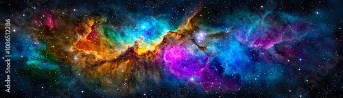 Interstellar view of colorful nebula and stars, ethereal galaxy clouds, celestial outer space landscape, infinite cosmic beauty