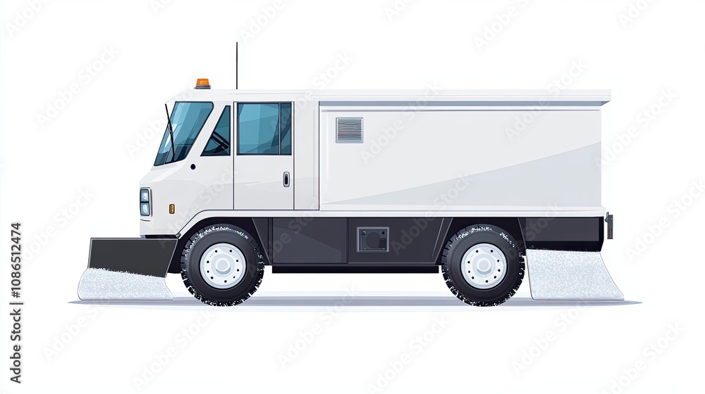 White Snow Plow Truck with Black Tires and a Plow Blade White Snow Plow Truck with Black Tires and a Plow Blade