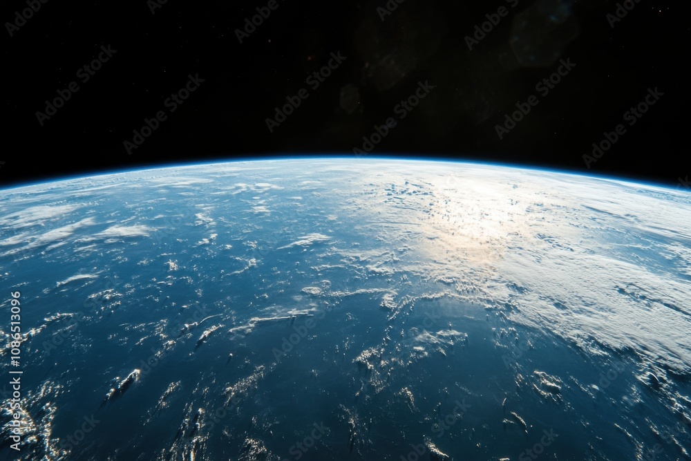 Fototapeta premium Earth from space with sunlight reflecting off clouds.