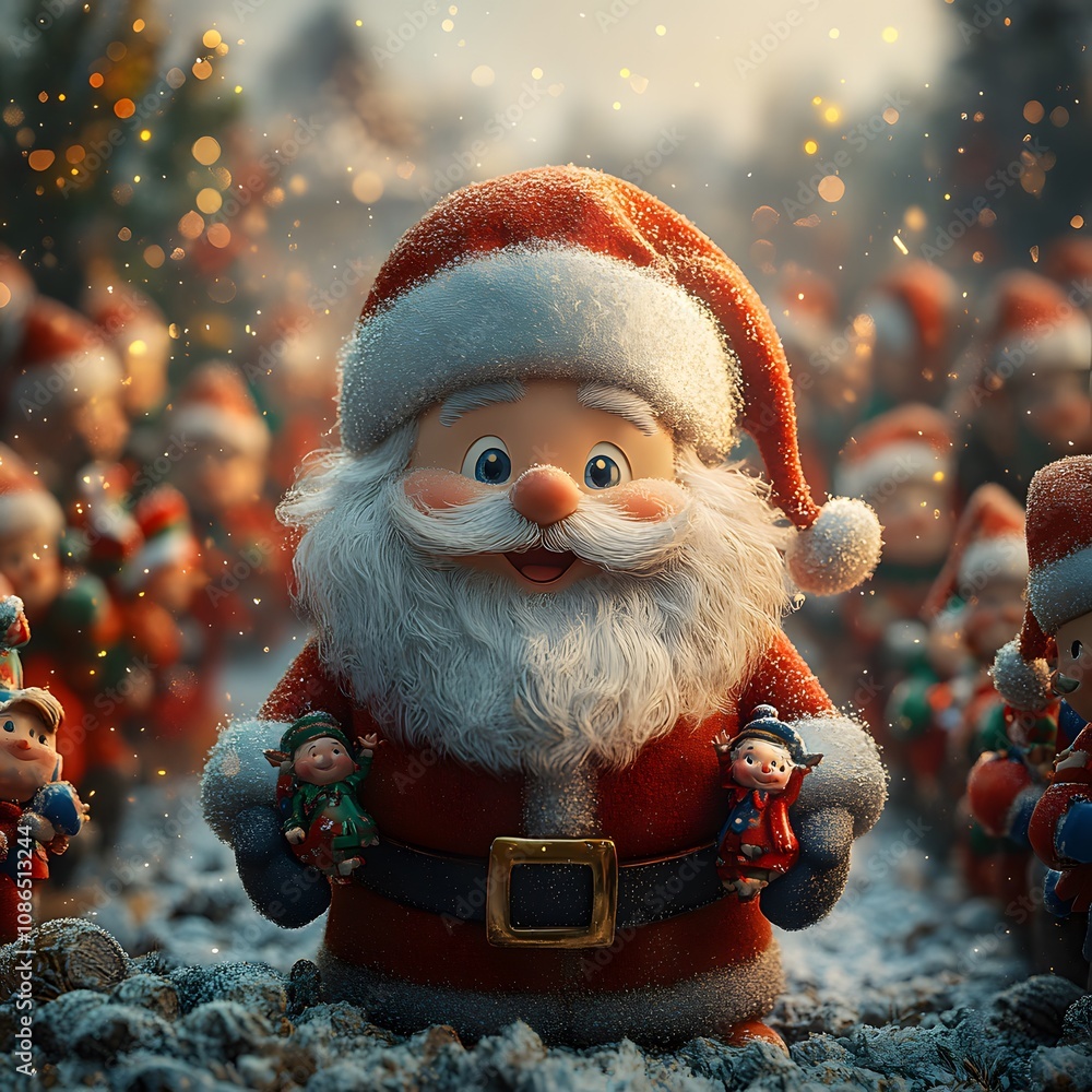 Santa Claus in a workshop surrounded by elves, colorful toys, and festive holiday cheer, 3D cartoon render Santa Claus in a workshop surrounded by elves, colorful toys, and festive holiday cheer, 3D cartoon render