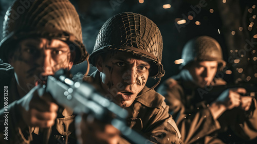 Cinematic of World War II soldiers. Military operation and War Concept. Generative Ai. photo