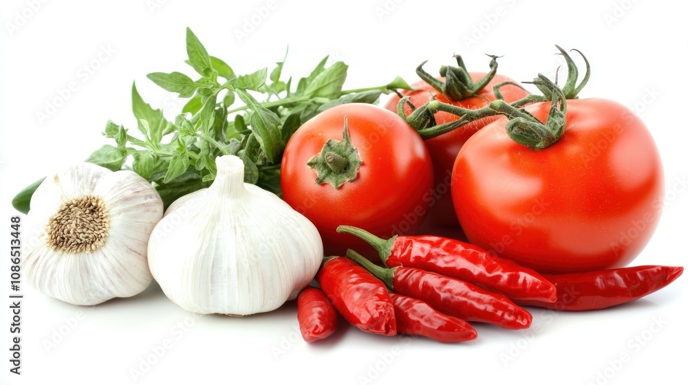 Fresh red tomatoes, garlic, chili peppers, and basil leaves isolated on white background. Fresh red tomatoes, garlic, chili peppers, and basil leaves isolated on white background.