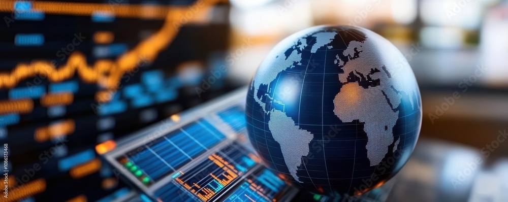 energy stock concept. Globe with solar panels and stock graphs overlay, renewable energy market analysis, investment opportunity energy stock concept. Globe with solar panels and stock graphs overlay, renewable energy market analysis, investment opportunity
