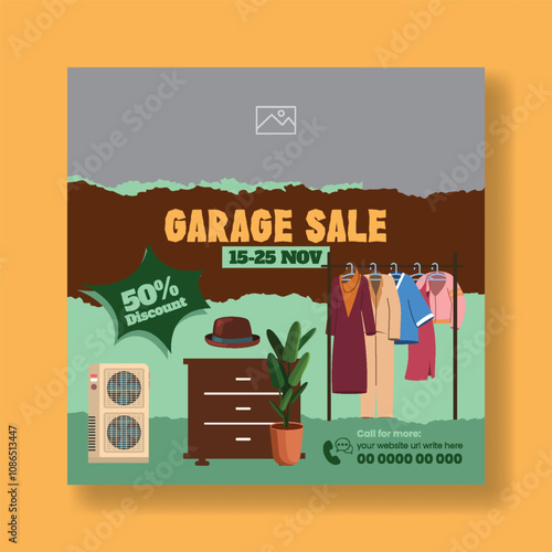 Modern Garage sale and Yard sale social media post template, flea market post, hand drawn  furniture, interior elements, vintage, retro style illustration  background, Garage sale web banner