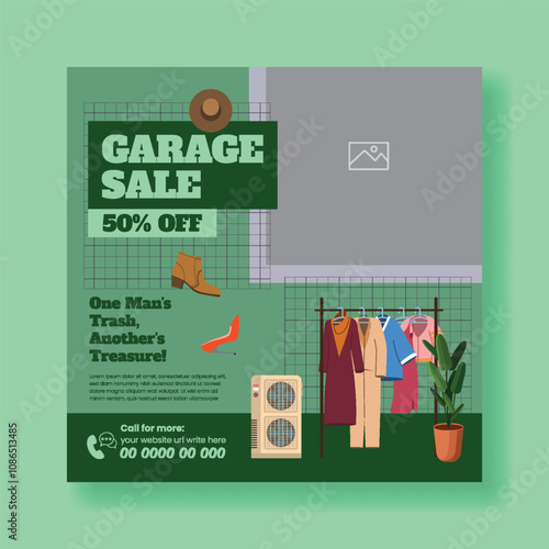 Promotional social media post banner template for garage sale  , yard sale web banner, flea market post design with hand drawn vintage furniture, interior elements illustration  background