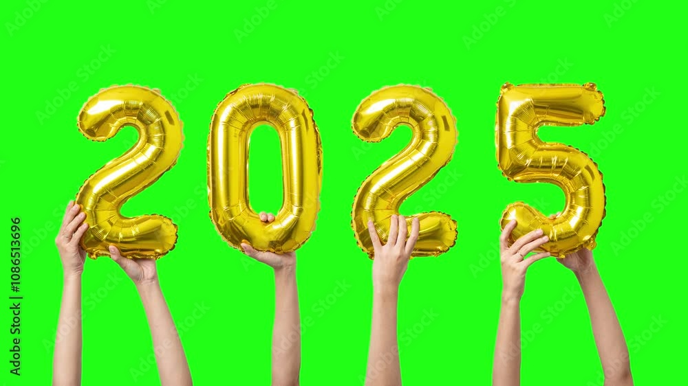 2025 golden text animation with hand holding balloon foils, 4K animation footage. 2025 golden text animation with hand holding balloon foils, 4K animation footage.