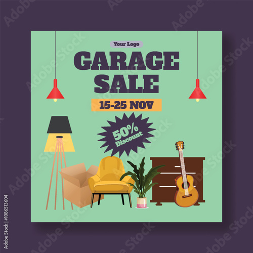 Garage sale and Yard sale social media post banner template, flea market web banner ad, square flyer or poster template design