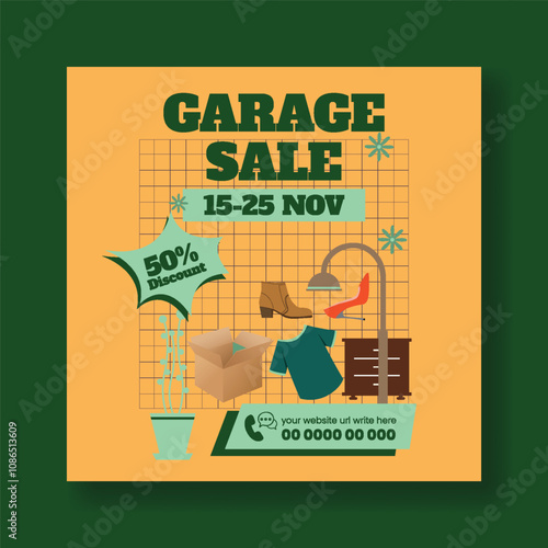 Modern Garage sale and Yard sale social media post template, flea market post, hand drawn  furniture, interior elements, vintage, retro style illustration  background, Garage sale web banner
