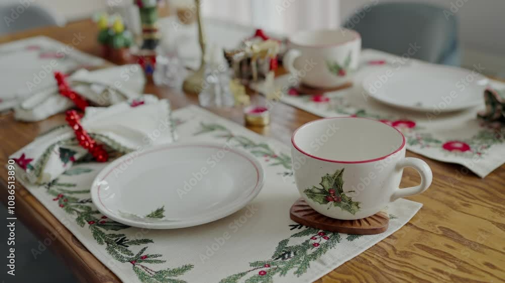 Elegant Christmas Dining Table Setup with Festive Decor. A beautifully arranged Christmas dining table with holiday-themed tableware and decorations, capturing the spirit of the season. Elegant Christmas Dining Table Setup with Festive Decor. A beautifully arranged Christmas dining table with holiday-themed tableware and decorations, capturing the spirit of the season.