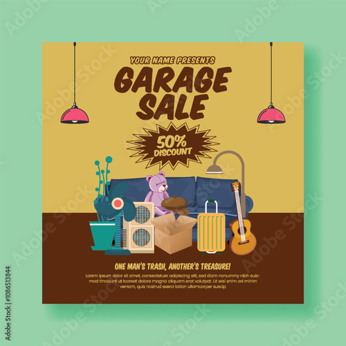 Promotional social media post banner template for garage sale  , yard sale web banner, flea market post design with hand drawn vintage furniture, interior elements illustration  background