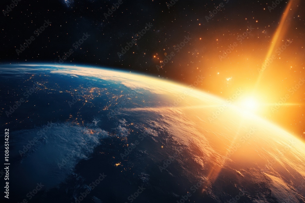 Fototapeta premium Earthrise over a glowing horizon with a sun flare in the background.