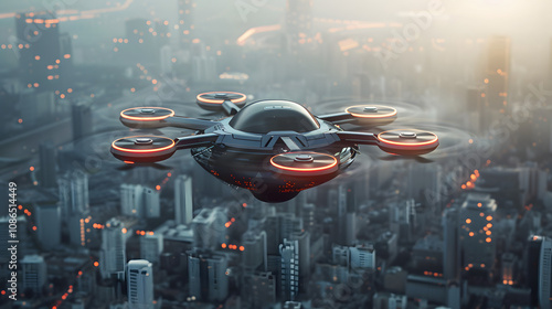 futuristic roto passenger drone flying in the sky over city for future air transportation and robotaxi concept with copy space area photo