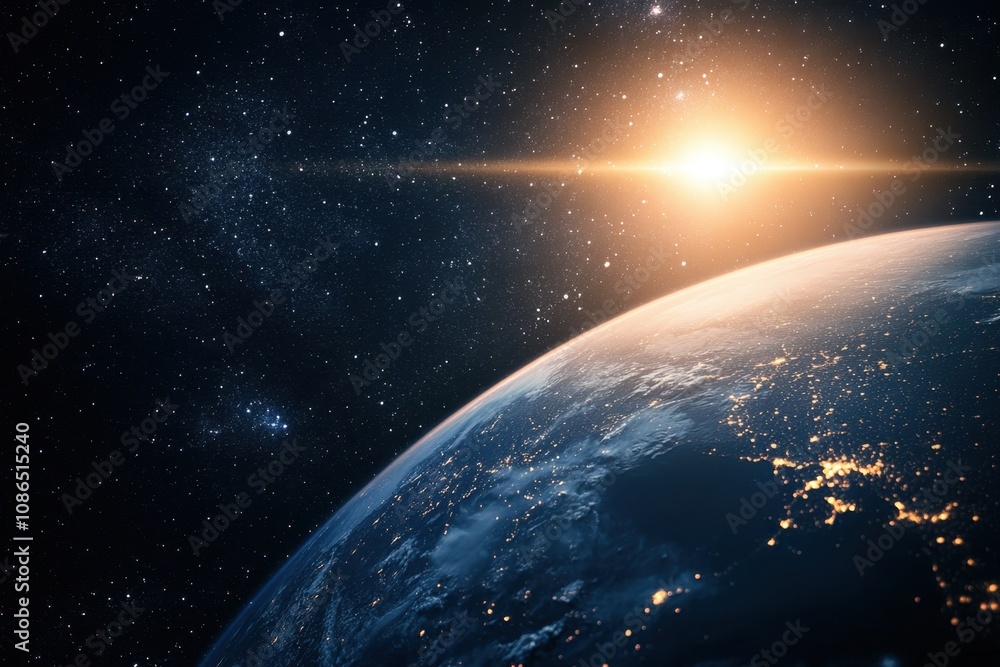 Fototapeta premium Earthrise with sun shining from behind the planet.