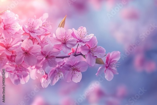 Close-up of delicate pink cherry blossoms blooming on a branch against a soft, blurred blue and pink sky.