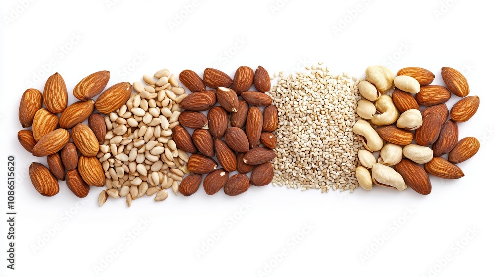 A colorful array of various nuts and seeds arranged artfully. Ideal for healthy eating themes, nutrition, and snack ideas showcasing their diversity. A colorful array of various nuts and seeds arranged artfully. Ideal for healthy eating themes, nutrition, and snack ideas showcasing their diversity.
