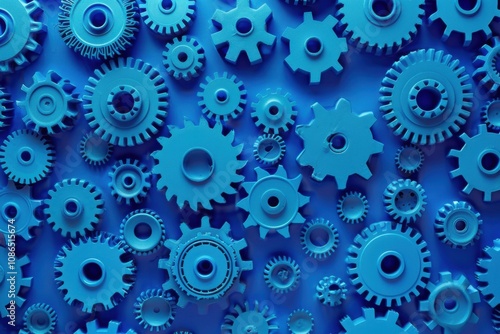 A collection of blue gears arranged on a surface, showcasing mechanical design and engineering.