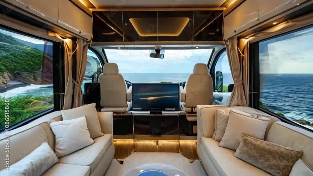 Elegant luxury van with a panoramic ocean view, showcasing a modern interior and spacious seating area. Perfect for travel enthusiasts seeking comfort. Ideal for mobile living aesthetics. Generative A Elegant luxury van with a panoramic ocean view, showcasing a modern interior and spacious seating area. Perfect for travel enthusiasts seeking comfort. Ideal for mobile living aesthetics. Generative A